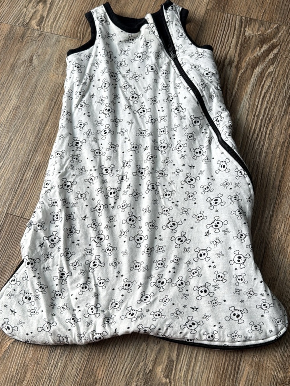 The Honest Company White Sleep Sack with Black Trim and Playful Skull Print